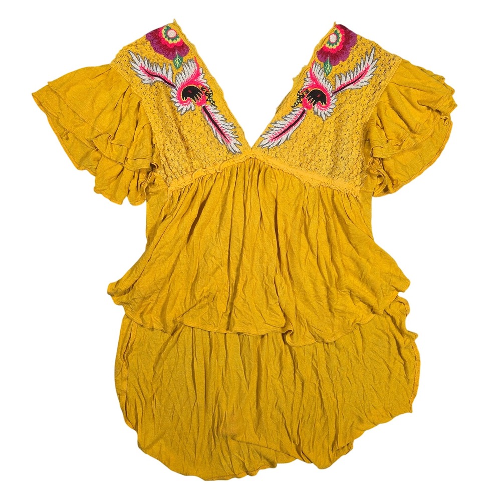 Free People Mustard Yellow Embroidered Tiered Ruffle Boho Tunic Top M Western